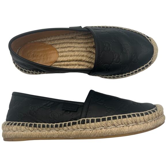 Gucci Black Guccissima Leather GG Slip On Espadrille Flats EU 5.5  US 5.5 - Picture 1 of 14